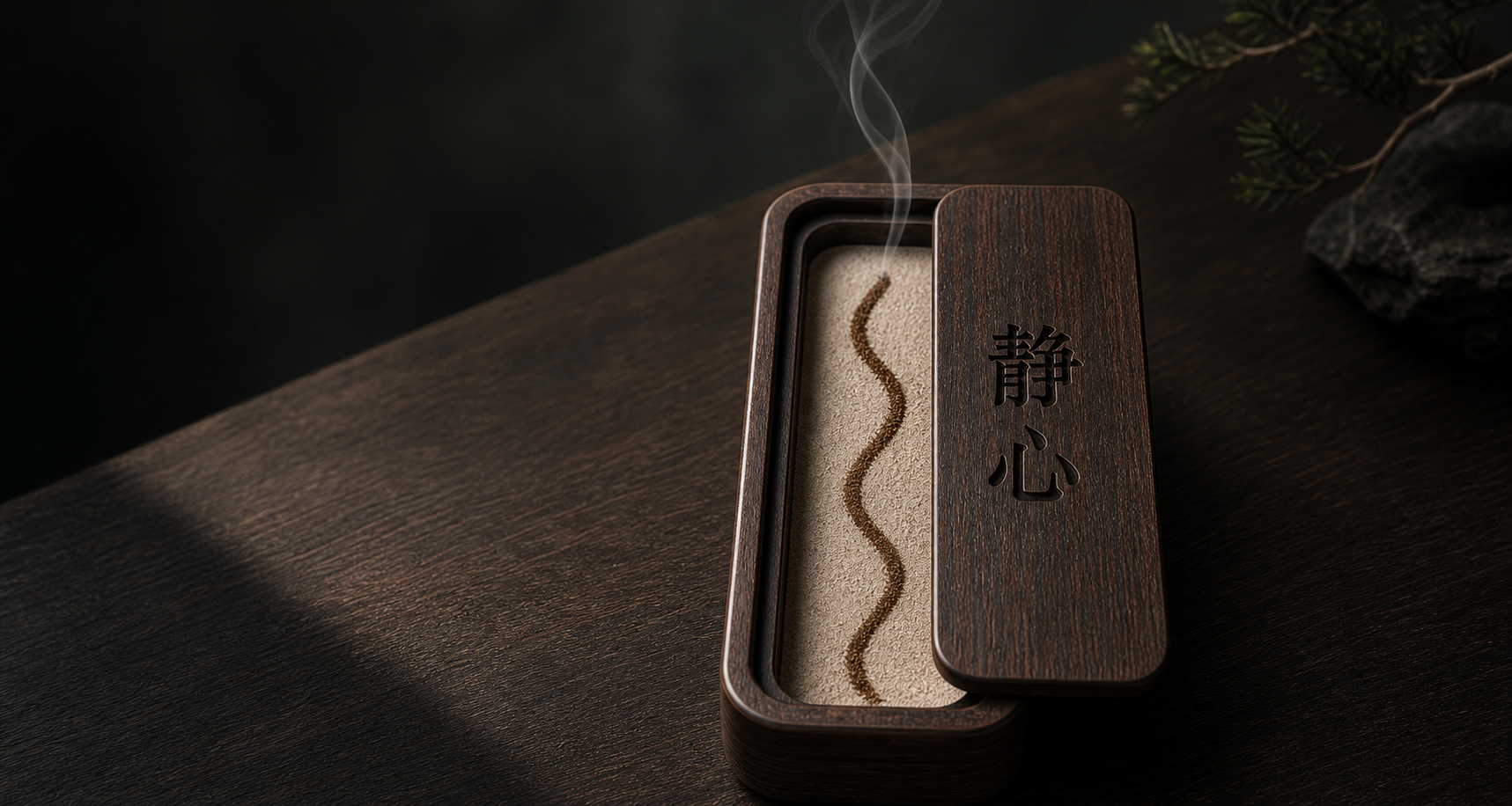 MZJF dark walnut incense seal with a shifted word lid exposing ash and incense powder path