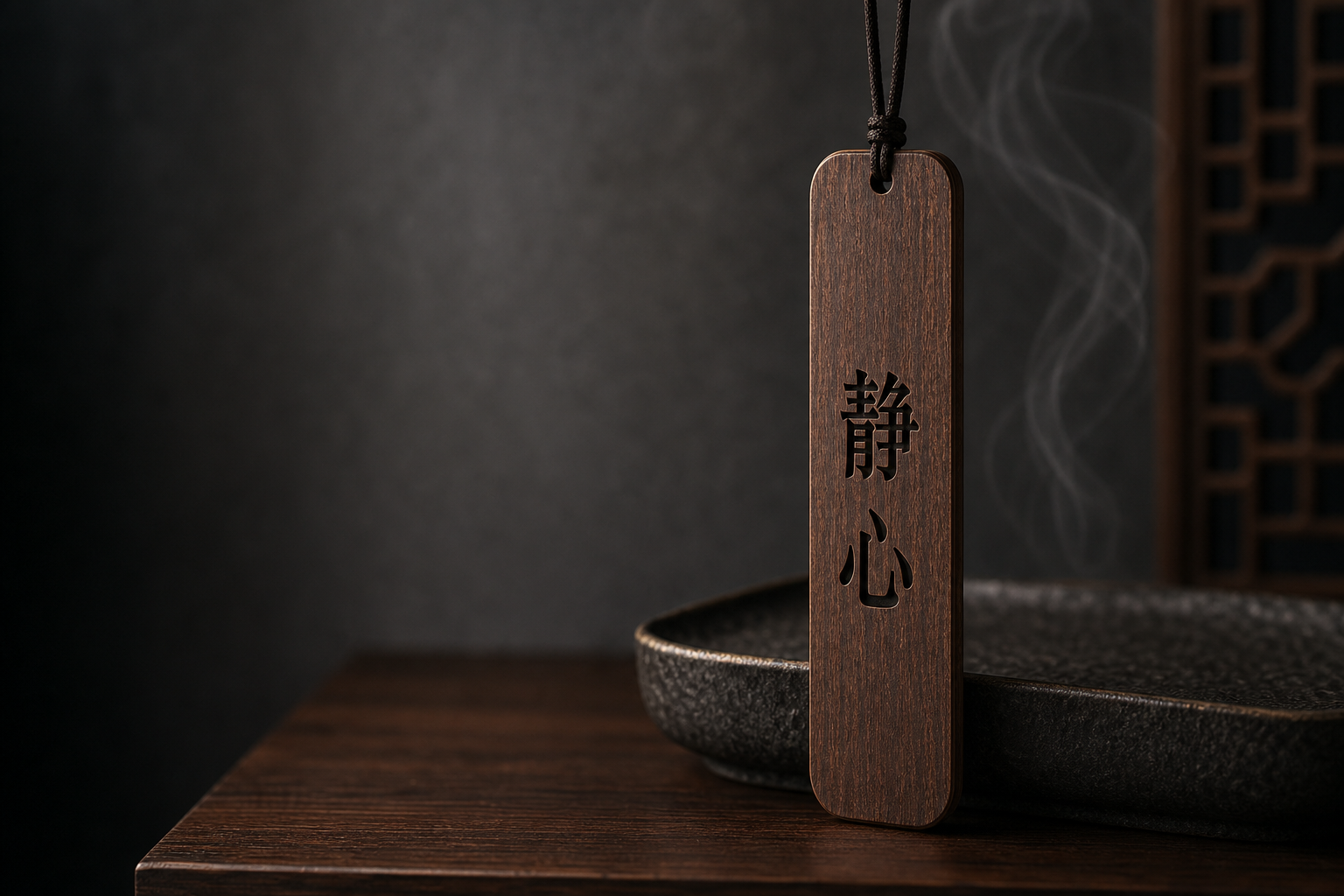 Thin dark walnut word lid kept as a scented pendant