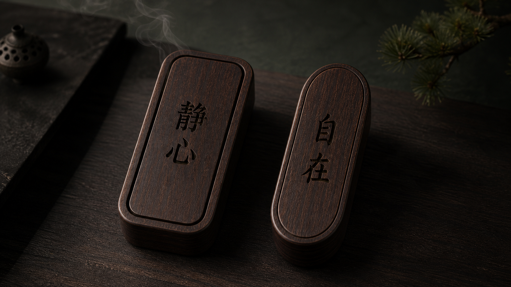 Two dark walnut MZJF incense seal forms shown together